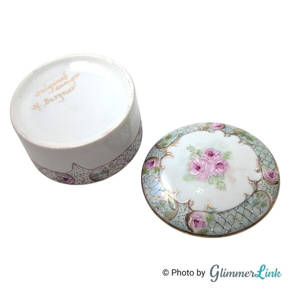 Vintage Hand Painted Porcelain Trinket Box - Roses & Gold Gilt Signed H. Bergner - Picture 9 of 11